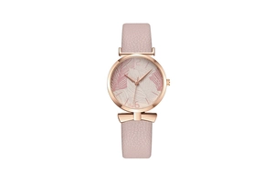 Detail of rose gold case and pink leather strap with leaf pattern dial of lady watch