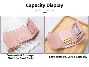 Detail of light pink tri-fold wallet showing card slots and tassel zipper compartment