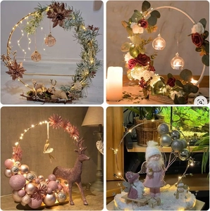 Golden metal floral hoops with LED lights and winter decorations for wedding table DIY
