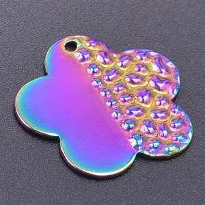 Cloud-shaped rainbow stainless steel pendant with half-smooth half-hammered texture detail