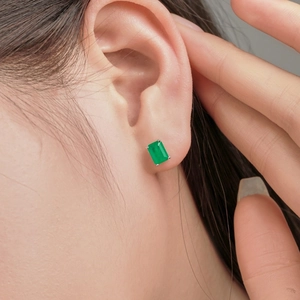French vintage S925 sterling silver emerald cut green zircon stud earrings on model