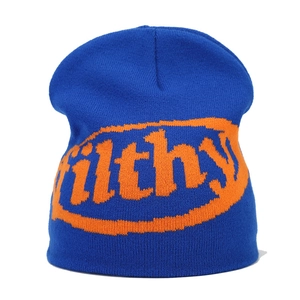 Navy blue jacquard beanie with orange Filthy lettering for winter outdoor wind protection