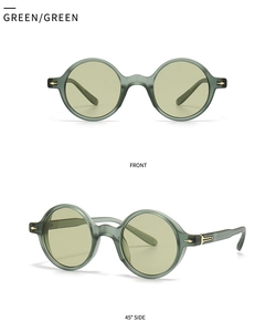 Vues détaillées de face et de côté de lunettes de soleil vintage vertes avec rivets dorés
