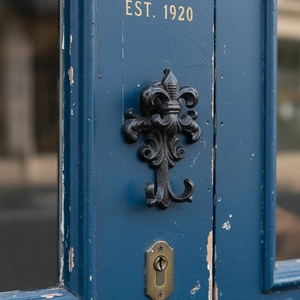 Vintage black cast iron fleur-de-lis wall hook on rustic blue wooden door background