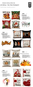 Dettaglio di federe festive con vivaci stampe a tema natalizio e di Halloween