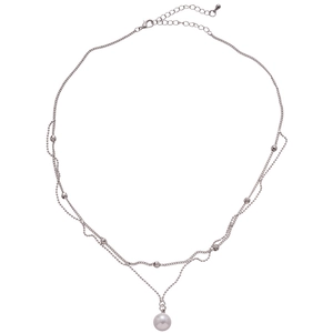 Collier double rang argenté avec pendentif perle blanche et perles en métal