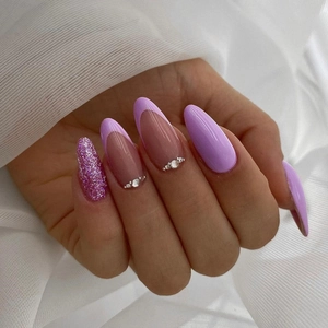 Press On Nails Almond Long Purple Lavender French Tip Rhinestones Glitter Glossy Artificial Finger Nails For Women