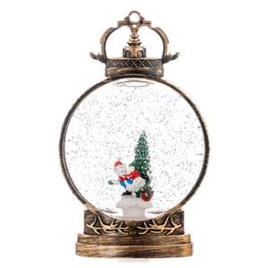 Vintage bronze Christmas lantern with snowman and glowing snowflakes decor piece