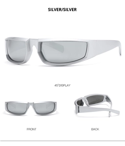 Detailed multi-angle views of futuristic silver cycling sunglasses with full wrap design