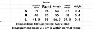 Detailed size chart for diamond pattern knit cardigan with measurements in centimeters