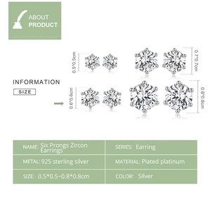 Detailed comparison of 925 sterling silver six prongs zircon earrings in four sizes