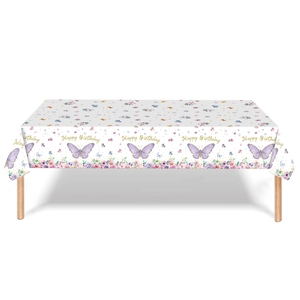 Detail of white butterfly party tablecloth with Happy Birthday text and purple floral pattern