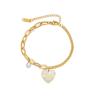 Pulsera de acero inoxidable dorada con perla y colgante de corazón para mujer