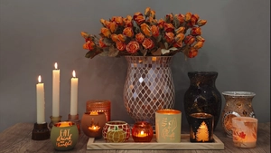Cozy home decor set featuring mosaic glass candle holders and ceramic flower vases