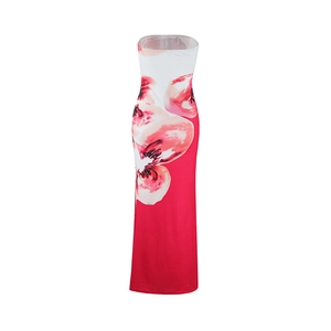 Detailed close-up of a floral print tube dress with red and white patterns on a white base