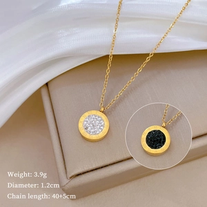 Titanium steel roman numeral necklace with double-sided crystal pendant in gold finish