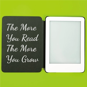 Detail of black e-reader case with The More You Read The More You Grow text on green background