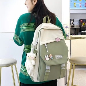 Nylon School Backpack For Girls Color Block Large Capacity Kawaii Student Bookbag With Bear Pendant And Badges