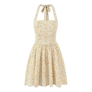 Mini Robe Fleurie Dos Nu À Licou Nœud Papillon Coupe En A Sans Manches Été Polyester Sexy Femme