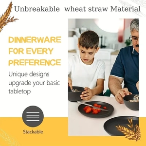 Detail showing unbreakable stackable wheat straw dinnerware set in dark grey for kids