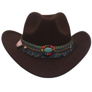 Brown western cowboy felt hat with bohemian turquoise band and ethnic tassels style