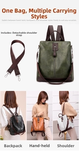 Macro view of vintage PU leather texture and detachable woven shoulder strap on backpack