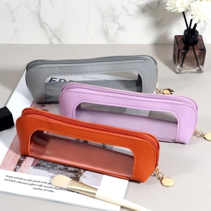 Waterproof PU leather pencil case with transparent window and metal zipper for students