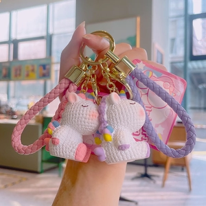 Cartoon Unicorn Keychain Resin Figurine With Braided PU Leather Strap Kawaii 3D Knitting Texture Bag Charm For Women