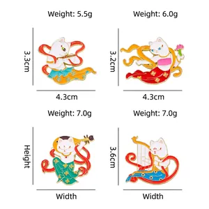 Set of four cute Dunhuang style cat enamel pins with musical instruments for bags