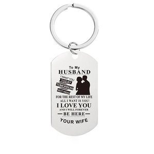 Silver stainless steel army tag keychain for husband with romantic engraved silhouette