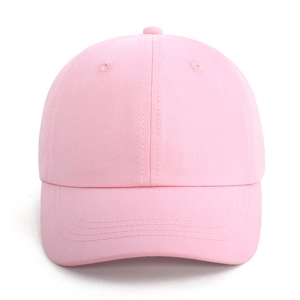 Front view of pink cotton baseball cap with six-panel design and curved brim for kids