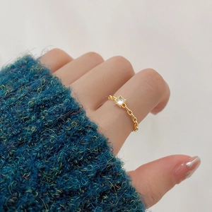 Ins Style Gold Plated Copper Square Zirconia Chain Band Adjustable Open Ring For Women Minimalist Fashion Jewelry