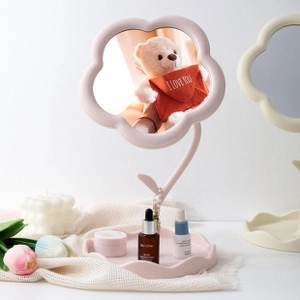 Pink flower-shaped desktop makeup mirror with a convenient accessory storage base tray
