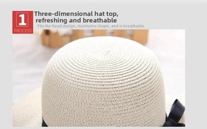 Detail of breathable beige woven straw hat with elegant black ribbon and sturdy crown