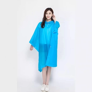 Blue semi-transparent hooded rain poncho for adults with waterproof EVA material