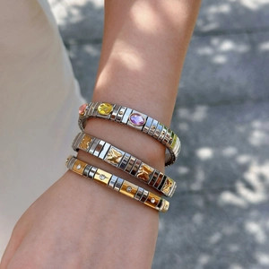 Elastic stainless steel bracelet set with embossed butterfly and colorful crystal stones