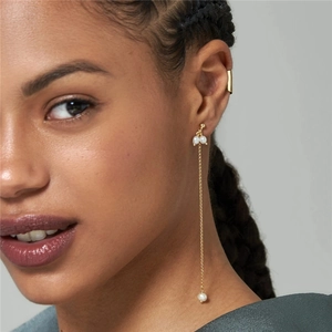 Detailed view of long S925 silver tassel earrings with elegant pearls and gold chain