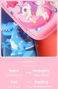 Detailed view of 3D EVA pencil case with unicorn and dinosaur designs and dimensions