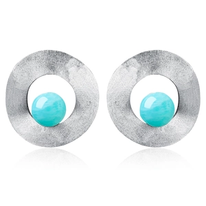 Minimalist S925 silver round geometric stud earrings with light blue natural stone accents