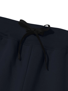 Detailed view of elastic waistband and flat drawstring on heavy fleece cargo sweatpants