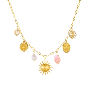 Golden necklace with sun, pearl, and pink heart charms on white background