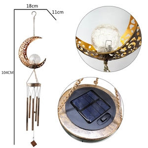 Detail of solar moon wind chime showing bronze iron moon, glass ball and dimensions