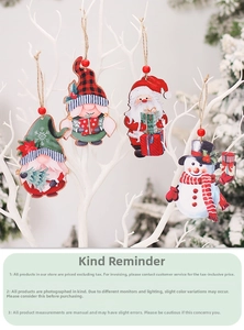 Detail of Christmas wooden gnomes, Santa, and snowman ornaments hanging on a white branch