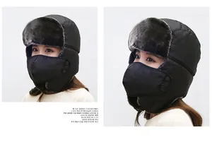 Détails du bonnet aviateur noir avec doublure en fourrure et masque amovible