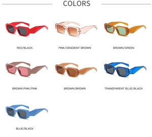 Matrix display of seven rectangular thick-framed sunglasses in various trendy colors