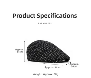 Detailed size parameters of the black and white checkered flat cap with weight info