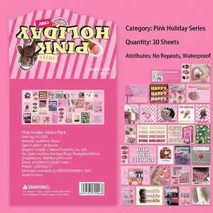 Detailed view of pink holiday sticker set with 30 waterproof pieces for scrapbooking