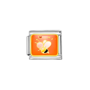 Italian charm link with orange enamel bee and red heart in a polished silver frame