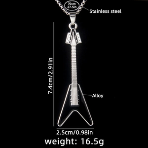 Silver guitar necklace in stainless steel with black enamel inlay and 70cm chain