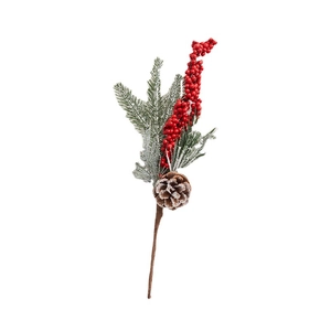 Artificial Christmas stem with frosted pine needles, red berries, and natural pinecone